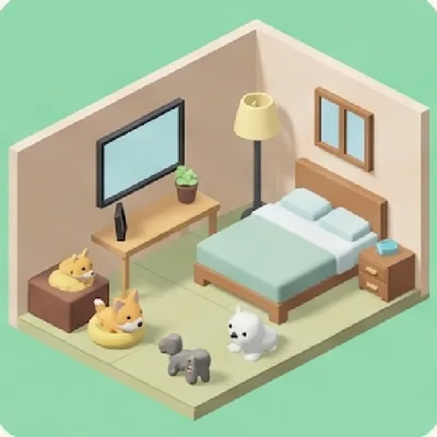 Ilustración oficial de una habitación con cama y mascotas