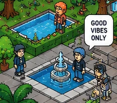 Ilustración conceptual de un patio con fuente y avatares
