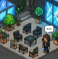 Ilustración conceptual de una sala isométrica con sillones y un avatar