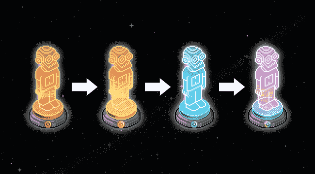 Cuatro estatuas Holo Steampunk en píxeles sobre peanas redondas, unidas por flechas: dos naranjas, una azul y una lila, sobre un fondo negro estrellado